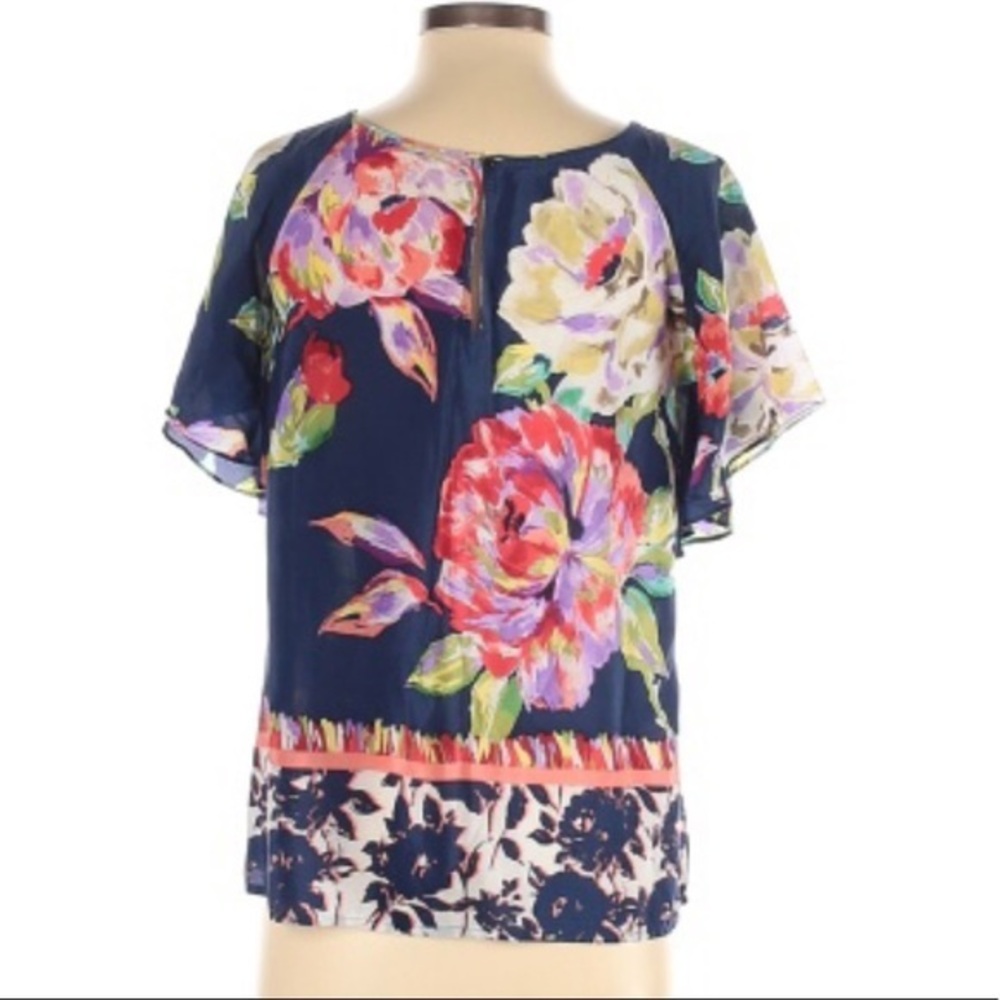 Maeve size 2 blue floral silk ruffle sleeve blouse